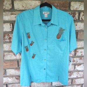 A.K.C. NWT Blue Pineapple Embroidered Linen Blend Button Down Shirt Sz 2X Resort